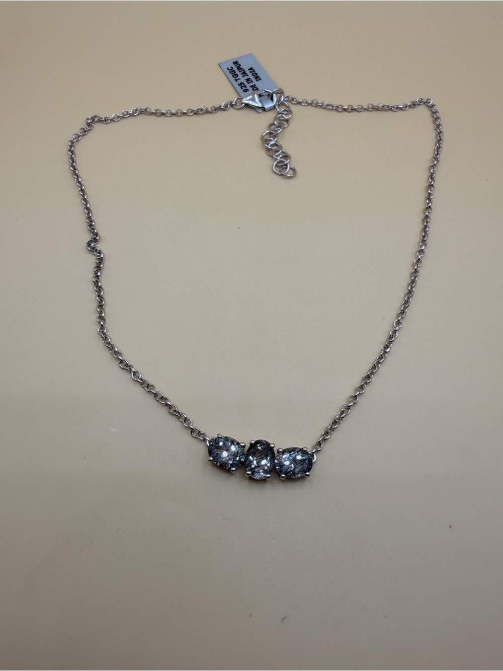 925 Sterling Silver Tourmalinated Quartz Necklace 16” to 18”.